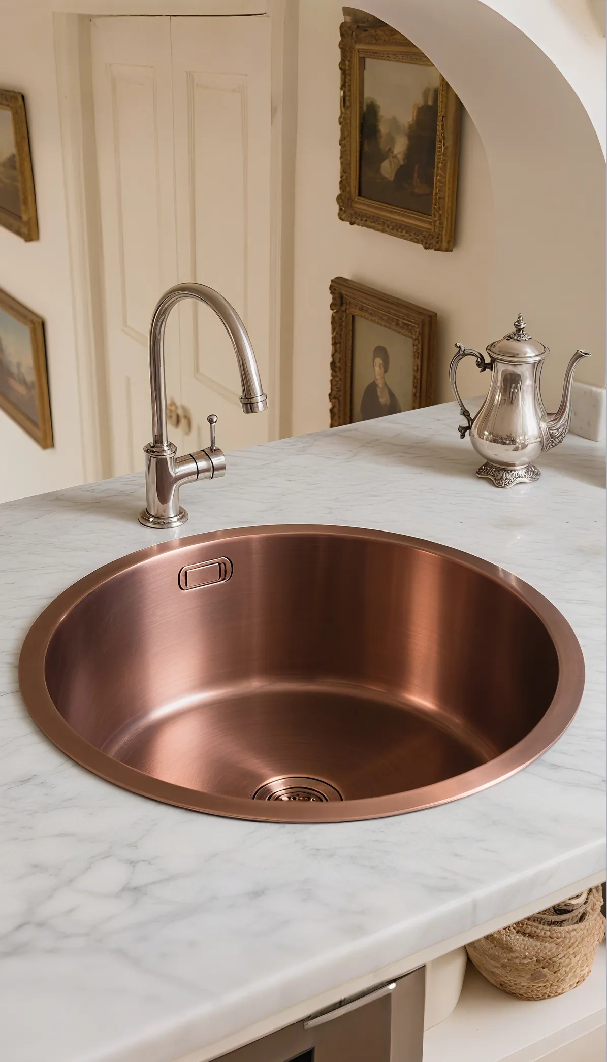Corner kitchen sink with angled design in stainless steel, embedded in gray countertop with white cabinets, window with blinds, and wooden cutting board visible